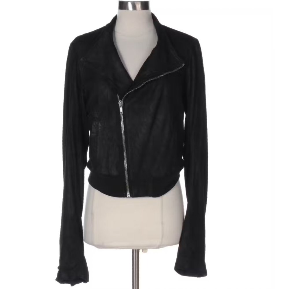 Fabulous Rick Owens Moto Jacket in Lambskin with Ribbed Knit Trim Sz 12